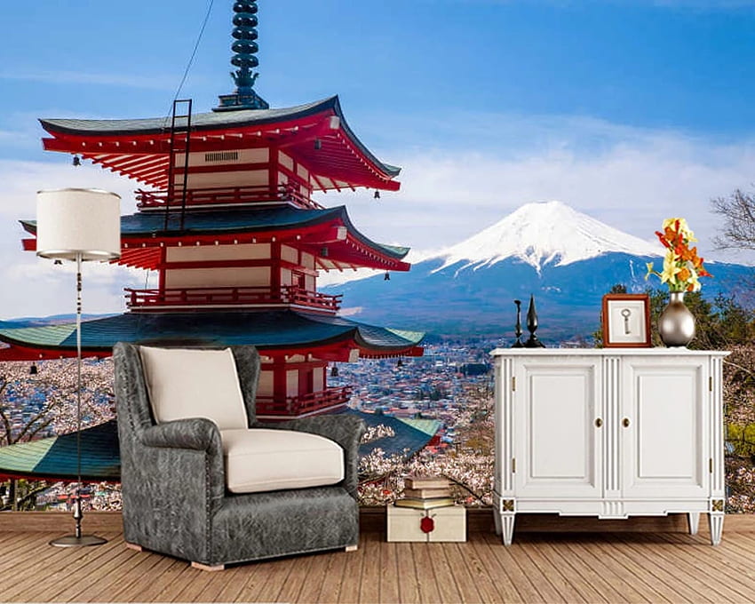 Papel de pared ญี่ปุ่น ภูเขาฟูจิ เจดีย์ ภูมิทัศน์ธรรมชาติ 3D ห้องนั่งเล่น ห้องนอน กระดาษติดผนัง จิตรกรรมฝาผนังตกแต่งบ้าน ,เจดีย์ญี่ปุ่น วอลล์เปเปอร์ HD
