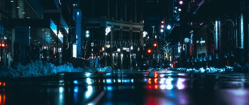 night city, road, dark, lights, reflection dual wide background, Dark Cityscape HD wallpaper