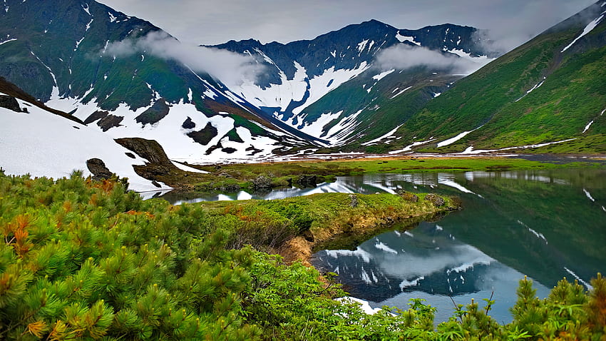 Lembah glaciated, Kamchatka, Rusia, lembah, salju, dalam, teluk, cantik, danau, bukit, semenanjung, gletser, refleksi, es Wallpaper HD