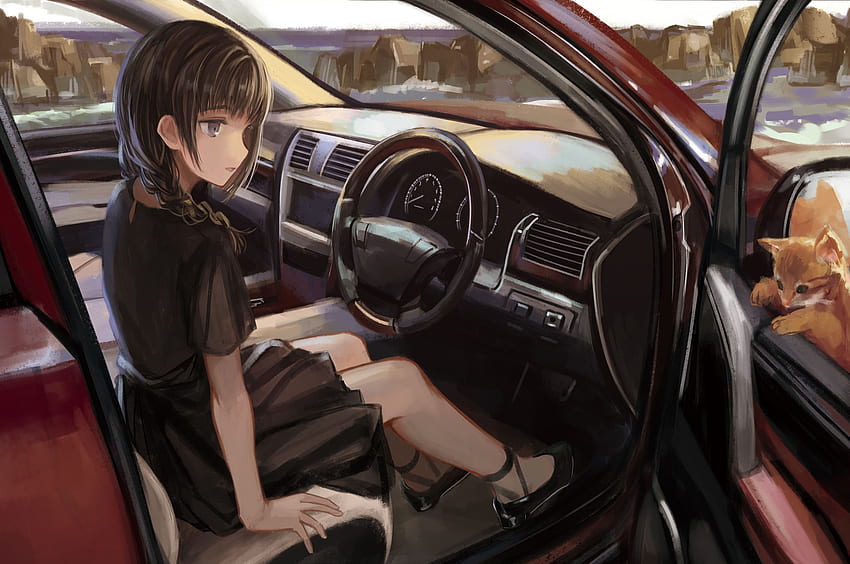 Anime Girl Inside Car Chromebook ピクセル、、背景、および、カーラジオ 高画質の壁紙