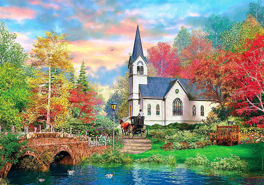 Bunter Herbst, Fluss, Farben, Kirche, Kunstwerke, Blätter, Kutsche, Malerei, Brücke, Bäume, Himmel HD-Hintergrundbild