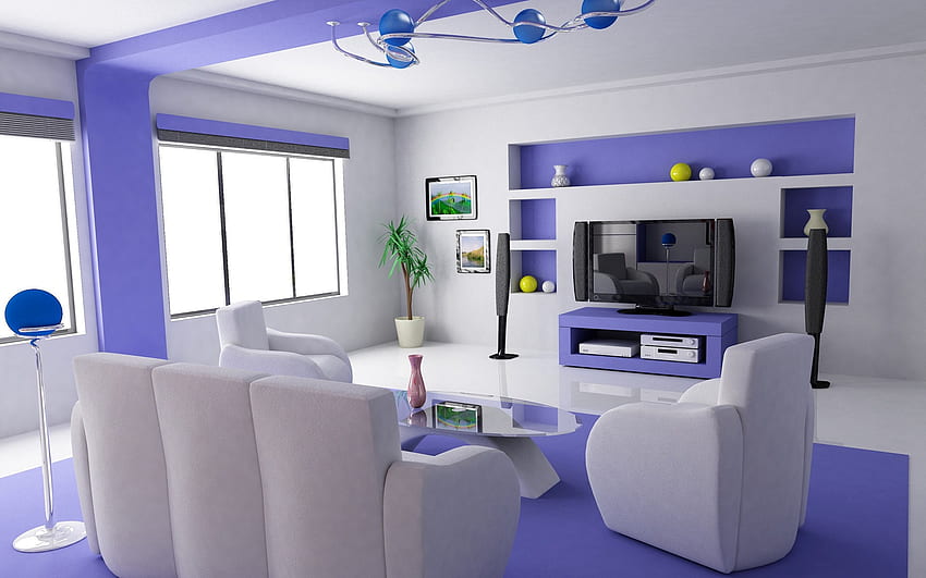 Interior de la casa azul y blanco simplemente asombroso: diseño de casa de color púrpura, interior de la casa fondo de pantalla