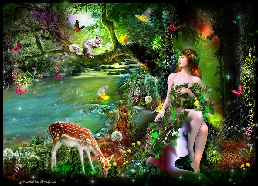 ~Nymphs of the Spring~, birds, plants, colors, charm, butterflies, shining, animals, starlight, trees, Spring, female, blossom, model, woods, eyes, flying, forests, grass, rocks, Nymphs, leaves, fantasy, pretty, deer, face, nature, hair, lovely, colorful, digital art, lips, water, wings, beautiful, people, bloom, manipulation, Squirrel, cool, clouds, enchanted, girls, sky, flowers, women, splendor, rivers HD wallpaper