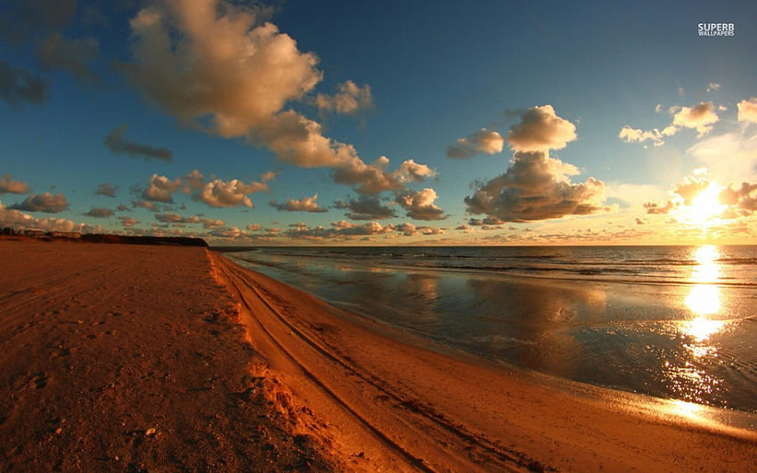 Rusty Sand at Sunrise, sea, sand, landscape, clouds, nature, sunrise, ocean, beach HD wallpaper