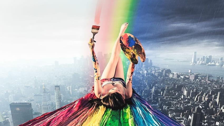Rainbow, Girl, Paint, Cityscape, Surreal, Dream, , Creative Graphics / Most Popular,. for iPhone, Android, Mobile and HD wallpaper