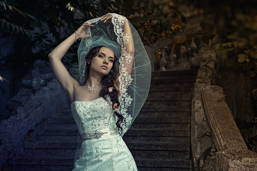 Beautiful Bride, stairs, white dress, graphy, beautiful, lace, bride, beauty HD wallpaper