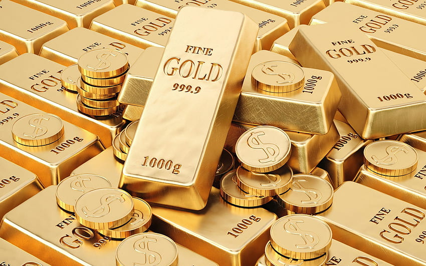sztabki złota, sztabki złota, koncepcje finansowe, złoto, pieniądze, złote monety, tło ze złotem z rozdzielczością. Wysoka jakość Tapeta HD