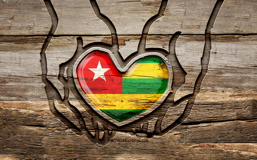 Me encanta Togo, manos talladas en madera, Día de Togo, Bandera togolesa, Bandera de Togo, Cuida Togo, creativo, Bandera de Togo, Bandera de Togo en la mano, talla de madera, países africanos, Togo fondo de pantalla