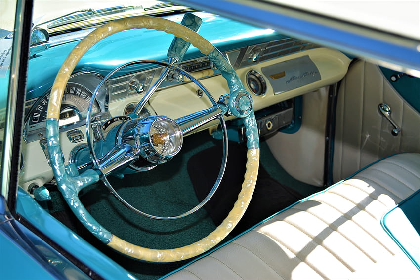 Vintage car interior, old, graphy, car, blue and white, vintage car, steering wheel HD wallpaper