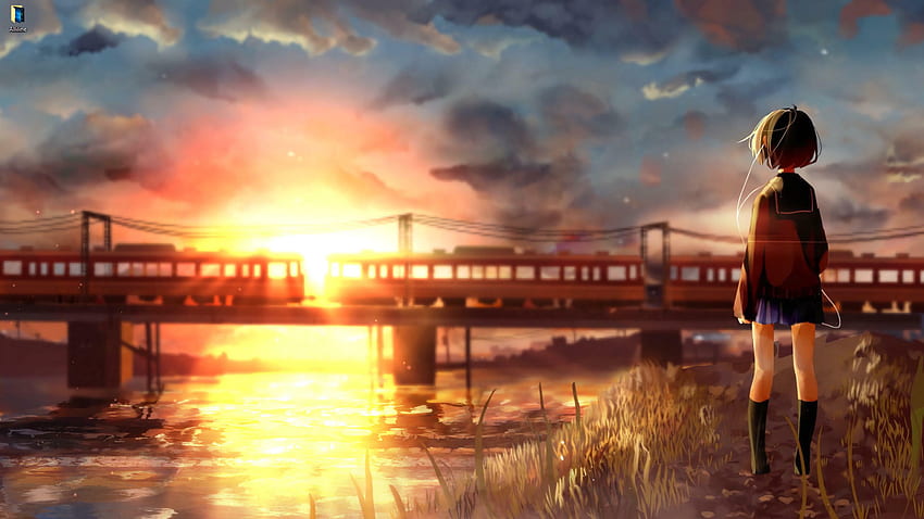 Anime girl and train at sunrise - anime live [ ] HD wallpaper