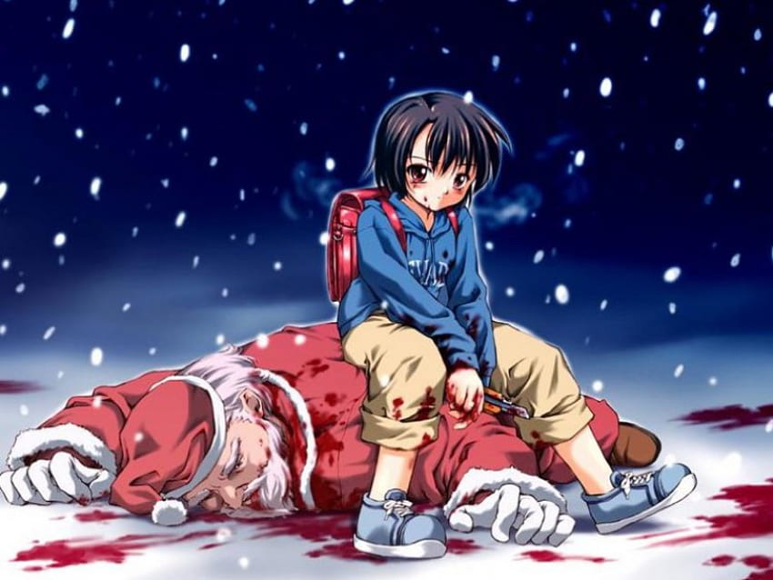 He Didnt Bring Me What I Wanted, night, santa clause, snow, cute, girl, blood, dead, anima HD wallpaper