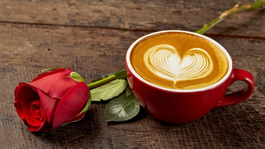 Rote Rosen-Schale mit Kaffee-Liebes-Herzen romantisch HD-Hintergrundbild