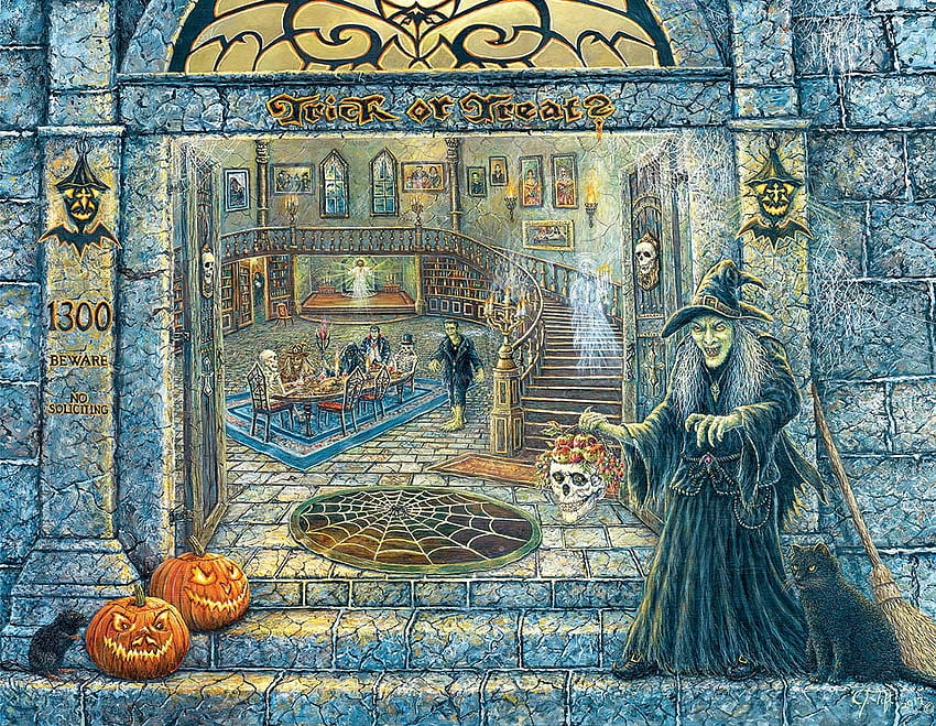 Witches Home, halloween, pumpkins, two, puzzle HD wallpaper