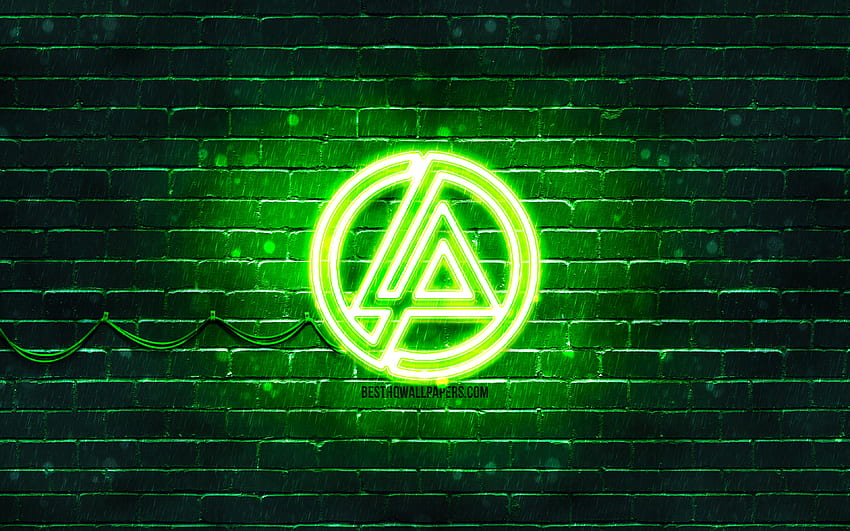 Зелено лого на Linkin Park, , музикални звезди, зелена тухлена стена, лого на Linkin Park, марки, неоново лого на Linkin Park, Linkin Park HD тапет