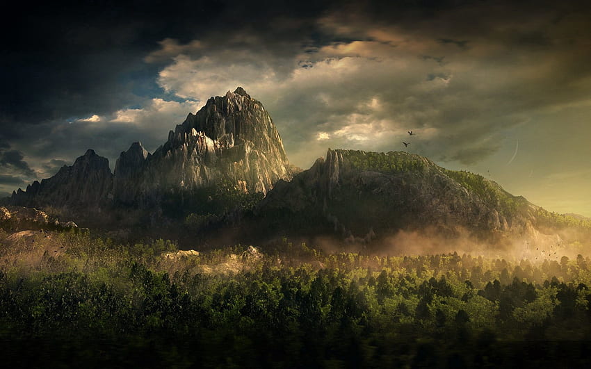 Natur, Vögel, Bäume, Berge, Wolken, Scheitelpunkt, Nebel, Kreisel HD-Hintergrundbild