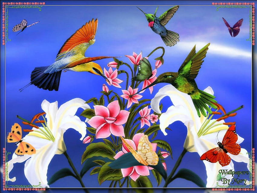 Hummers And Butterflies, butterflies, flowers, birds, hummingbirds HD wallpaper