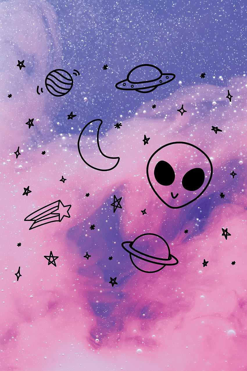 garabatos de galaxias, arte espacial, extraterrestre lindo, estrellas, luna, planetas, nubes rosadas, garabatos lindos, astronomía. Patrón de iPhone, Galaxy iphone, Arte espacial fondo de pantalla del teléfono