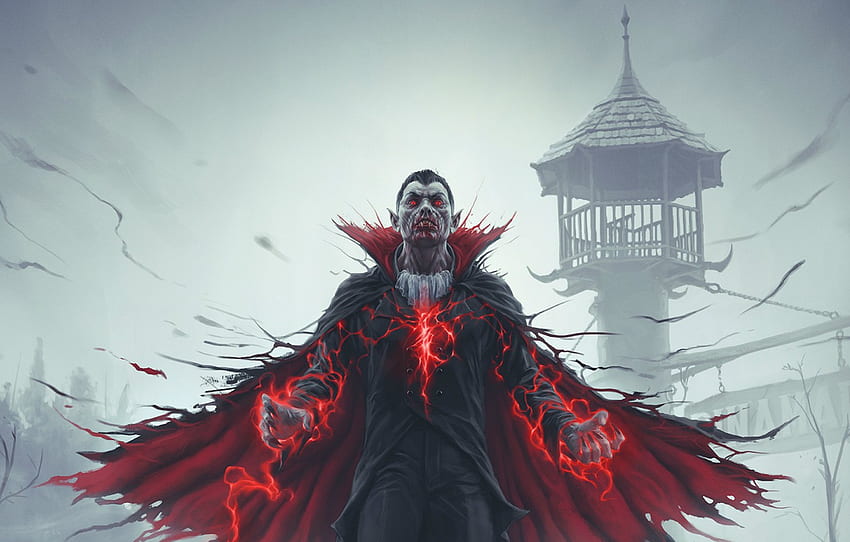 red, fog, power, magic, blood, tower, fantasy, vampire, blood, cloak, undead, Dracula, vampire, ghoul for , section фантастика HD wallpaper