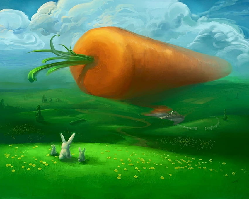 Gemälde von drei Kaninchen, die eine riesige orangefarbene Karotte betrachten HD-Hintergrundbild