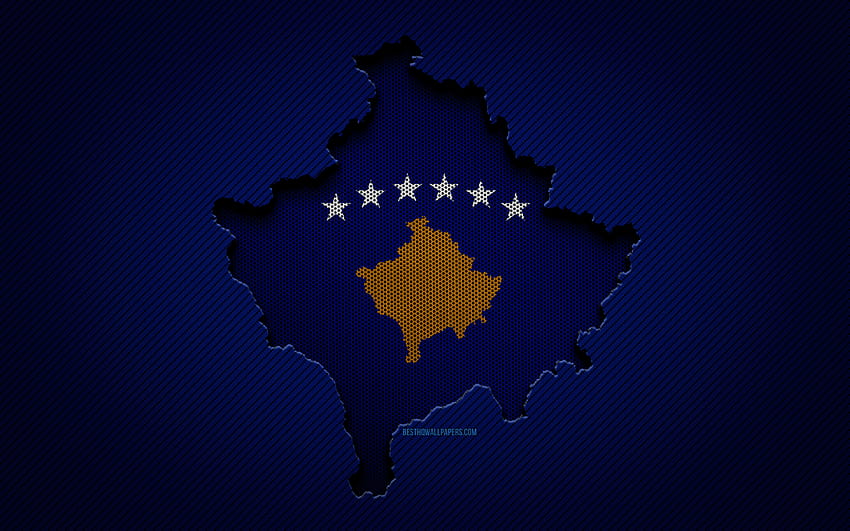 Mapa Kosowa, kraje europejskie, flaga Kosowa, niebieskie tło węgla, sylwetka mapy Kosowa, flaga Kosowa, Europa, mapa Kosowa, Kosowo, flaga Kosowa Tapeta HD