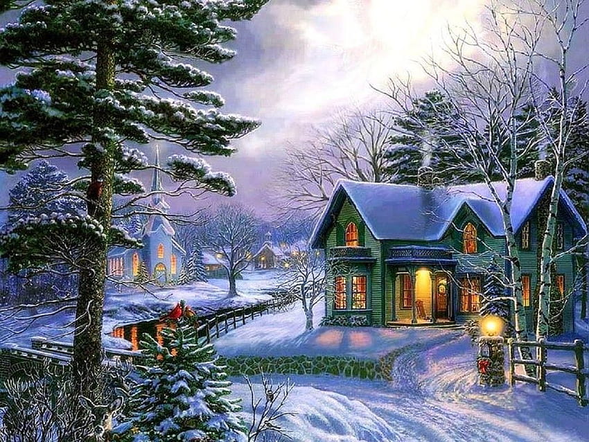 구식 크리스마스, 겨울 마을 장면 HD 월페이퍼