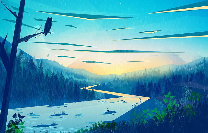 Nature, Owl, River, Forest, Post, Style, Landscape, River, Illustration, Painting, Environments, Storytelling, oleh Muhammad Nafay, Muhammad Nafay, Blue Forest, Firewatch stylization for , section арт Wallpaper HD