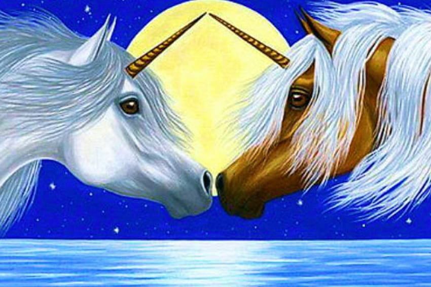Jednorożce, dzieła sztuki, konie, malarstwo, księżyc, róg, głowa Tapeta HD