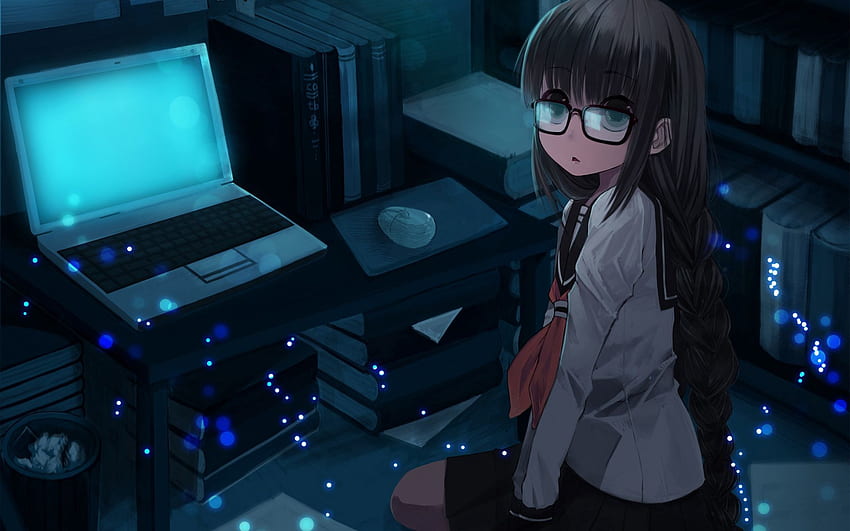 Anime, Sitzen, Mädchen, Zimmer, Notizbuch, Laptop HD-Hintergrundbild
