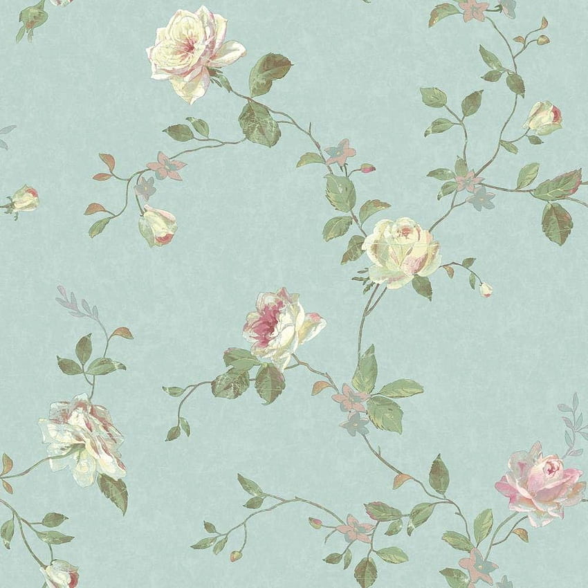 York Wallcoverings SH5509 Vintage Luxe Floral Trail , Pale Blue, Green, Pink, Cream, Aqua, Aqua and Gold HD phone wallpaper