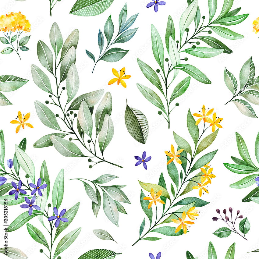 Watercolor leaves branch seamless pattern on white background. Texture with greens, branch, leaves, flowers, foliage.Perfect for wedding, cover design, , patterns, packaging, print etc Stock Illustration HD phone wallpaper