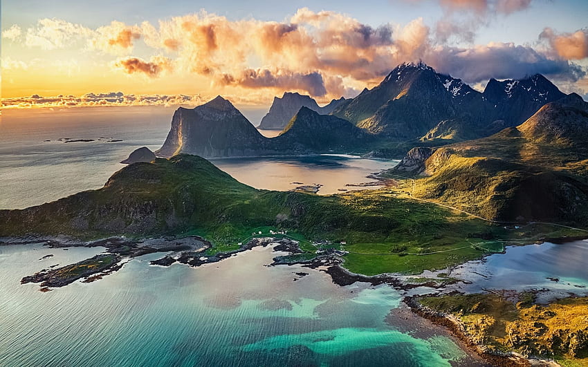 mountains, arctic, Lofoten, beach, sea, islands, clouds, Norway, beautiful, sky, sunset HD wallpaper