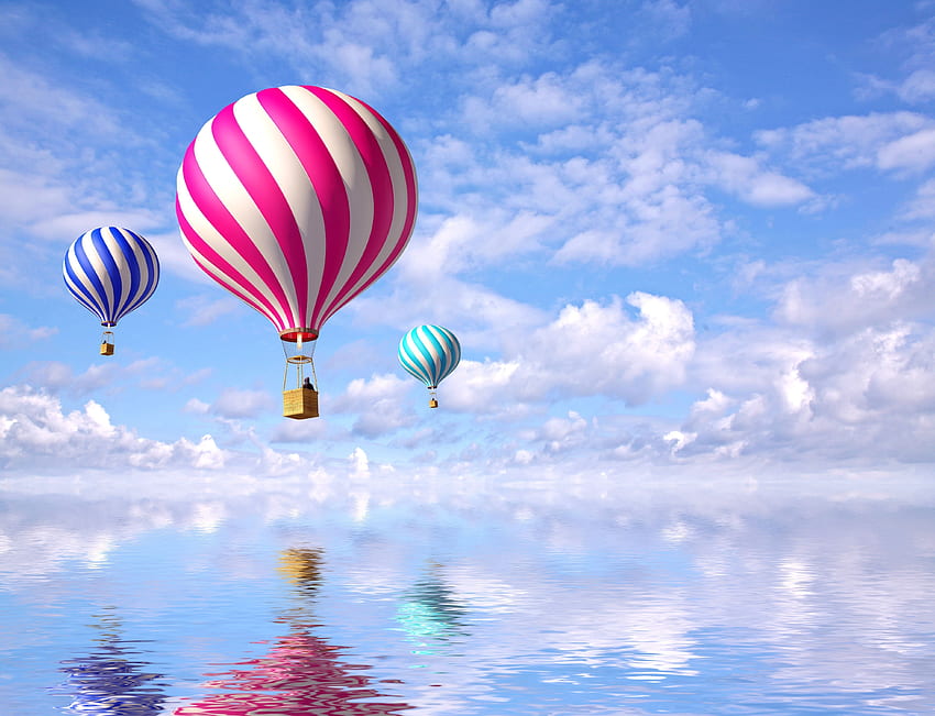 Sea, Clouds, Balloons, 3D, Flight HD wallpaper