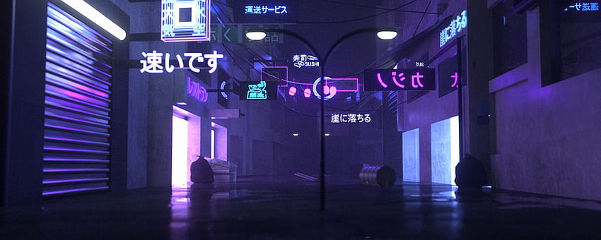 calle, oscuro, neón, ciudad, de monitor ultra ancho de arte, Anime Neon City fondo de pantalla