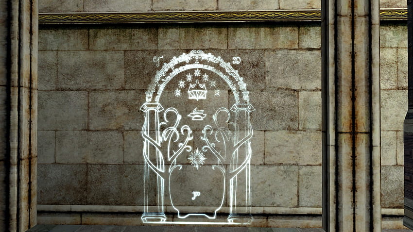 Grabado mural de la puerta de Hollin - Vivienda LotRO de D&Co du Milieu, puerta de Moria fondo de pantalla