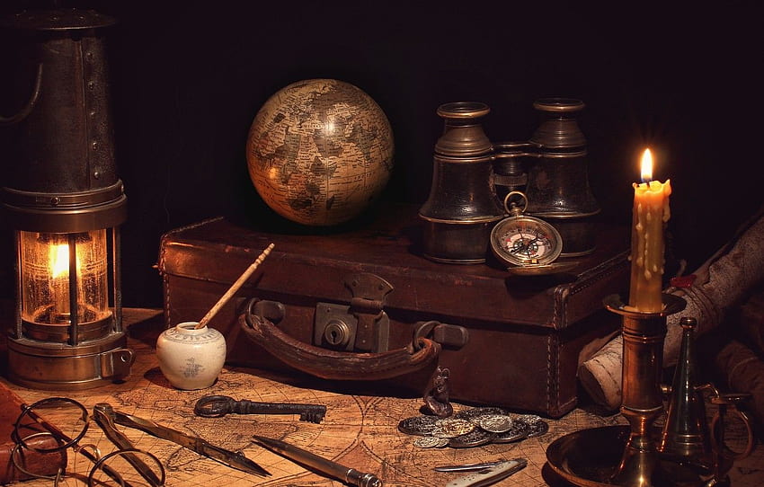 retro, map, candle, glasses, lantern, binoculars, suitcase, coins, still life, journey, compass, globe, vintage, the compass for , section стиль HD wallpaper