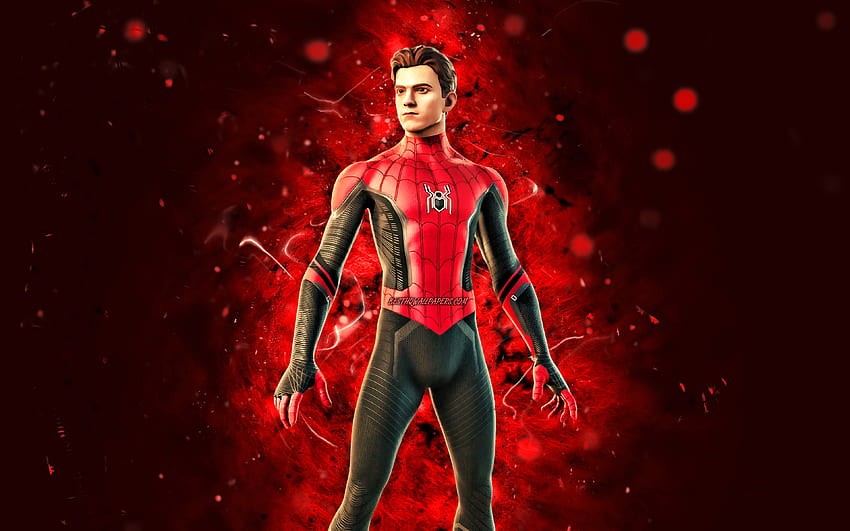 No Way Home Spider-Man, , red neon lights, Fortnite Battle Royale, Fortnite characters, No Way Home Spider-Man Skin, Fortnite, No Way Home Spider-Man Fortnite HD wallpaper