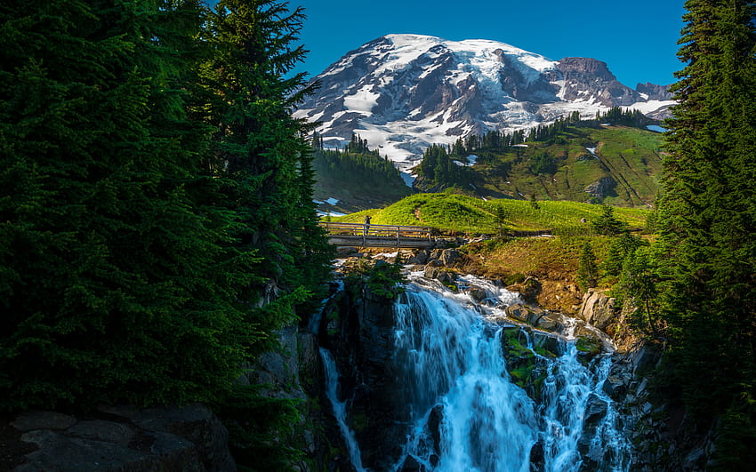 Myrtle Falls, mountain waterfall, Mount Rainier, mountain river, Cascade Range, mountain landscape, cliffs, Washington State, Rainier National Park, USA HD wallpaper
