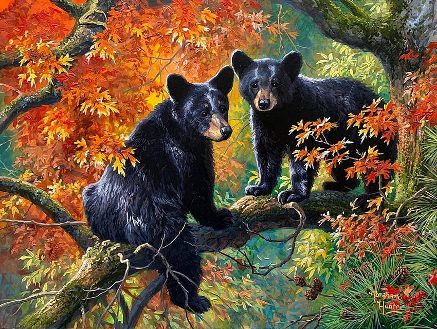 Bears, tree, abraham, urs, art, hunter, orange, painting, bear, pictura, autumn, couple, toamna HD wallpaper