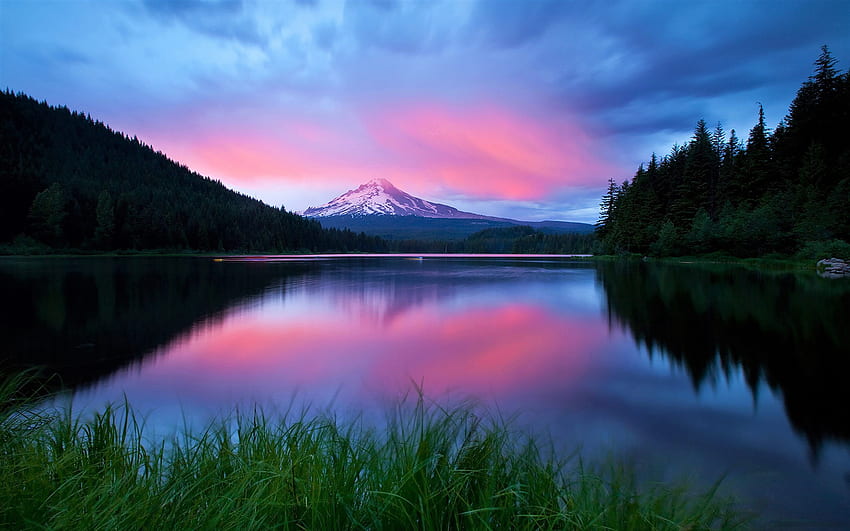 Różowy, górski, jezioro, niebo, zachód słońca, ziemia. Fajny Tapeta HD