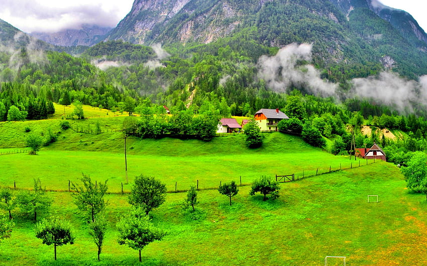 SPOKOJNA ŁĄKA, drewno, chmury, drzewa, łąka, trawa, domy, góry, Słowenia Tapeta HD