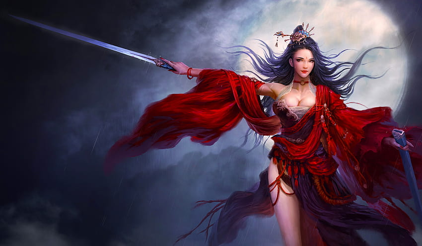Scarlett Warrior Woman, scarlett, art, sword, , girl, woman, digital, fantasy, pretty, red, warrior HD wallpaper
