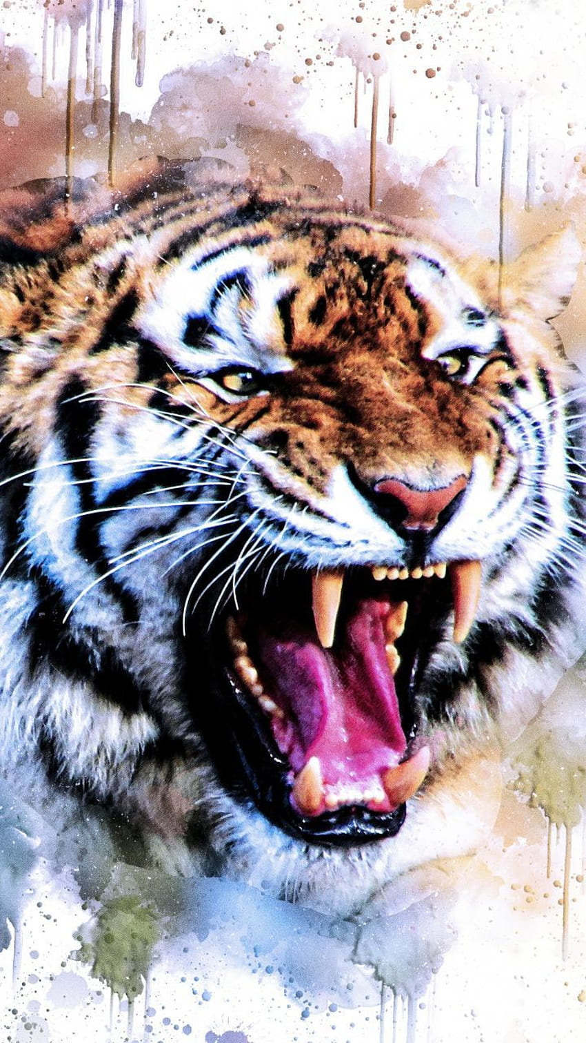 Tigre, salvaje, rugido, arte. Animal, animal salvaje, animal jaguar, cabeza de tigre rugiente fondo de pantalla del teléfono
