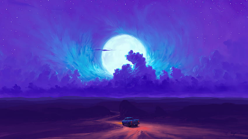 Salida de la luna, mínimo, nubes azules, carretera, conducción de automóviles, arte de fantasía fondo de pantalla
