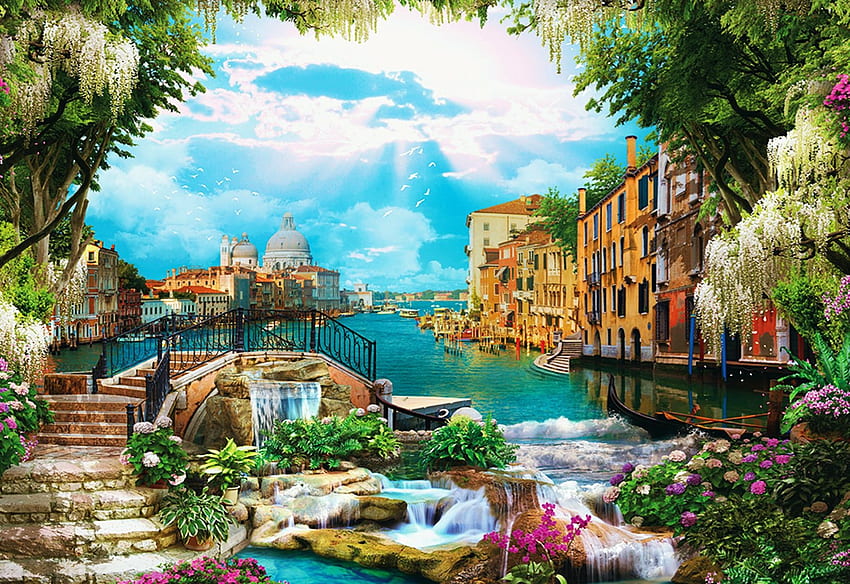 Venetian Dream, boats, clouds, sky, flowers, italy, houses, canal, art, digital, stairs HD wallpaper