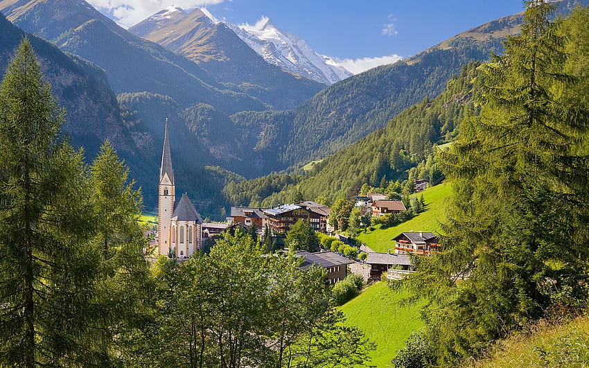Австрия, природа, къщи, лято, гора, село, низина, сгради HD тапет