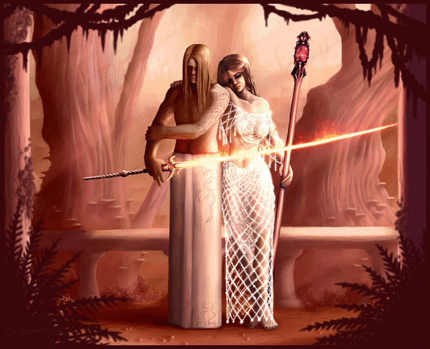 Flashing Majick, light sword, magic, staff, woods, couple HD wallpaper