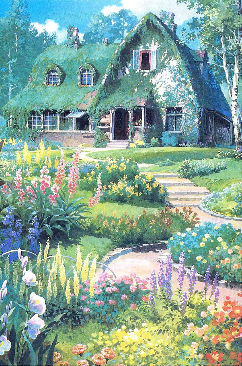 Kawaii cottage, spring, green, blue, vintage, calming, cottage core, painting art HD phone wallpaper