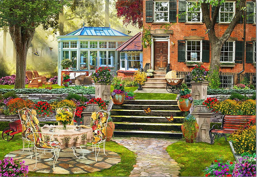Garden Santuary, chairs, table, artwork, stairs, painting, house, trees, flowers HD wallpaper
