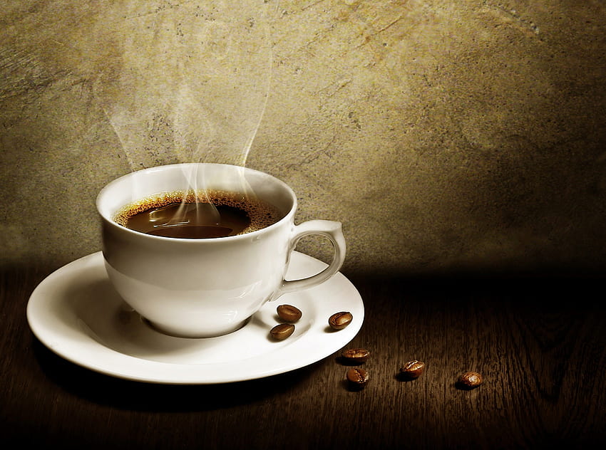 Coffee, black, hot, cup, steamy, mug, brown, tan, beans, drink HD wallpaper