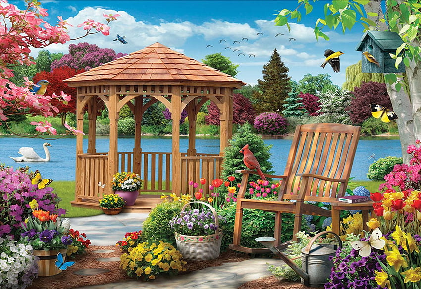 Bunga Fantasi, gazebo, langit, bunga, taman, danau, kursi, burung, karya seni, kupu-kupu, digital, awan Wallpaper HD